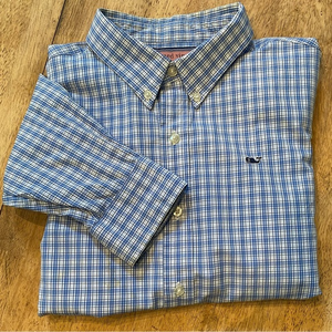 Vineyard Vines Boy’s Large Blue/White Plaid  Cotton Button Down Whale‎ Shirt
